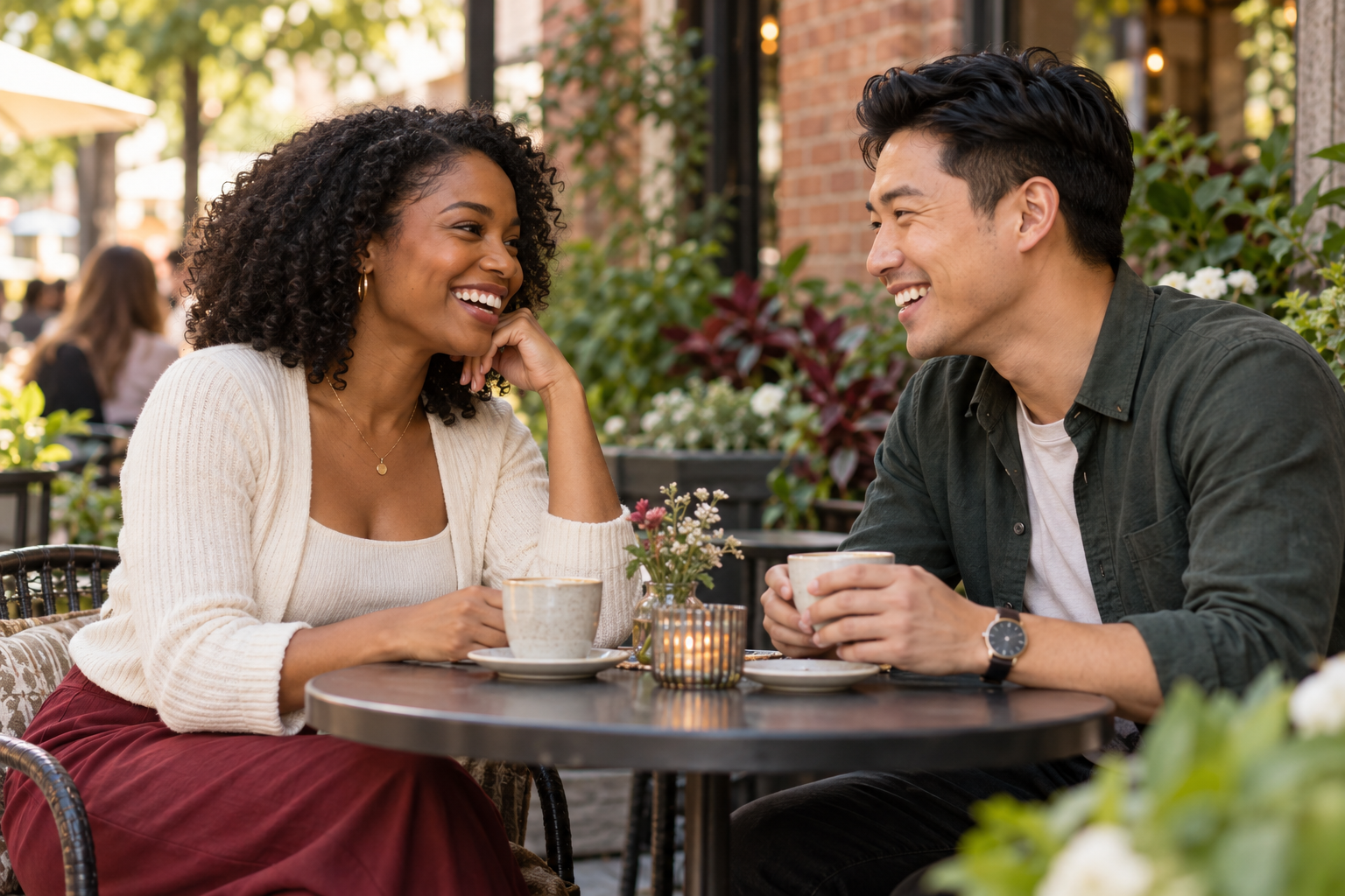 AI-created scene of two adults sharing coffee in Toronto; not member profiles