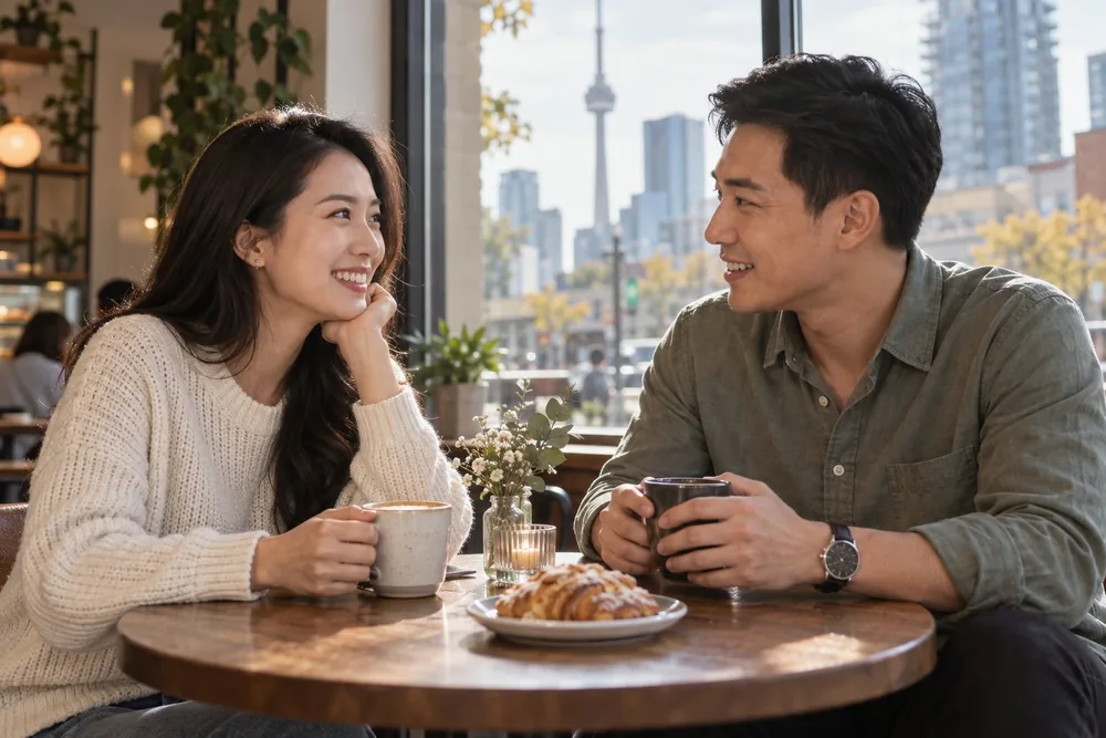 An illustrated dating moment: two adults chatting over coffee