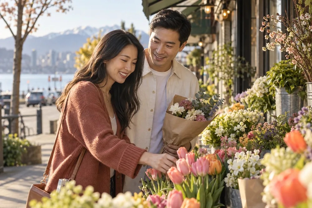 交友情境示意：两位成年人一起逛花市